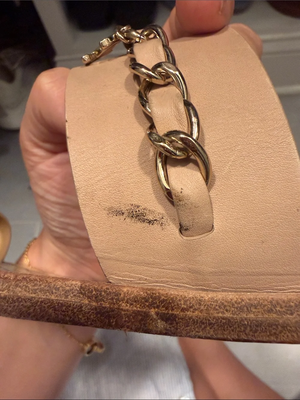 CHANEL Beige Slip-On Sandals with Gold Chain Accent
